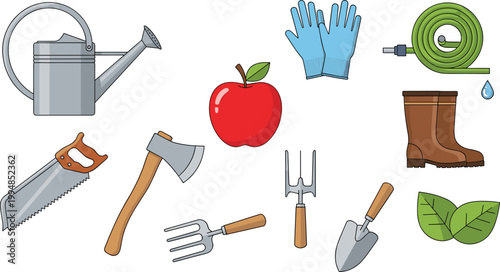 Gardening Tools Collection with Watering Can, Gloves, Hose, Boots, Saw, Axe, and Hand Tools for Agriculture Design, Home Garden Projects, and Vector Illustration Set.