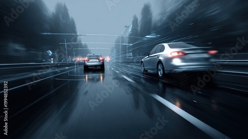 Autonomous car moving fast on highway with digital radar sensor overlay. Smart vehicle self driving with networking system vision. Innovative transportation safety and future technology.