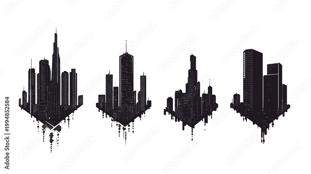 Fototapeta premium Stylized, abstract ink silhouettes of city skylines, with geometric drip-like elements
