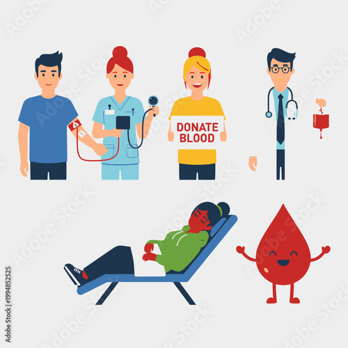 Blood donation process with people involved.