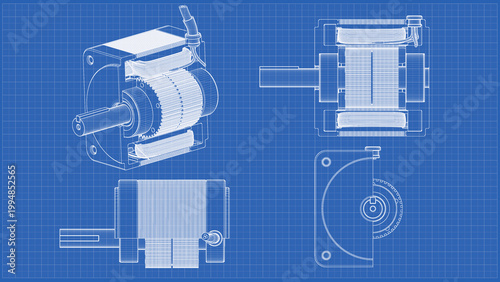 AC Servo Motor for CNC - Cross Section. Cutaway - drawing. Stepper Motor. 3D rendering isolated on blue background. 3D Mesh, Sketch, Vector style. Ideal for educational, engineering