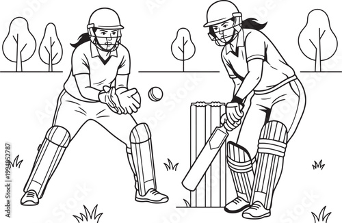 Women playing cricket match on field