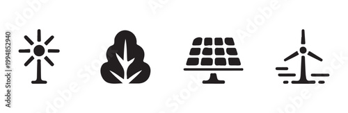 Foto Renewable energy icons including solar panel, wind turbine, and leaf symbol on w