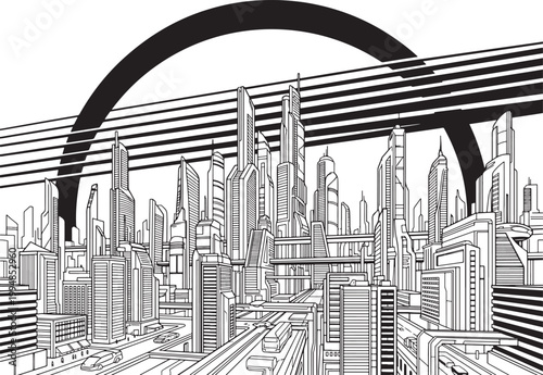 Futuristic cityscape with skyscrapers and elevated transport lines