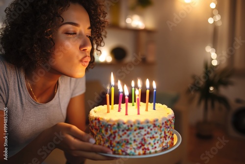 Woman Blows out Birthday Candles on Cake at a Celebration With Soft Lights in...