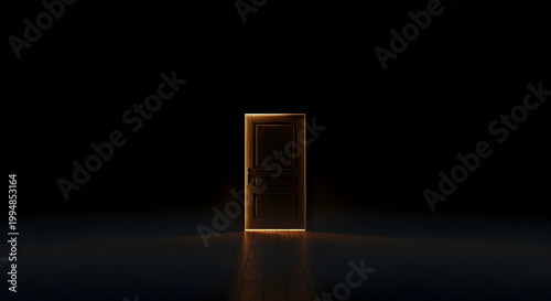 Glowing light around a closed wooden door in a dark room, hope and mystery concept