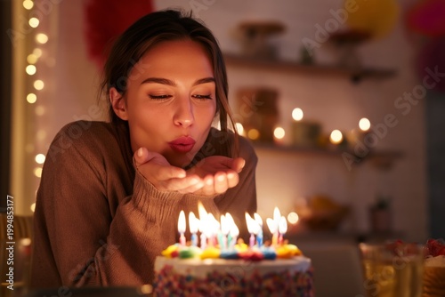 Woman Blows out Birthday Candles on Cake at a Celebration With Soft Lights in...