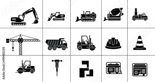 Collection of black and white construction machinery and equipment icons for site planning