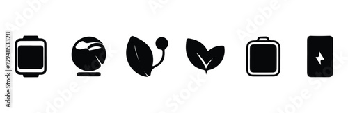 Modern eco energy icons featuring digital screen earth leaf and battery charge signs vector