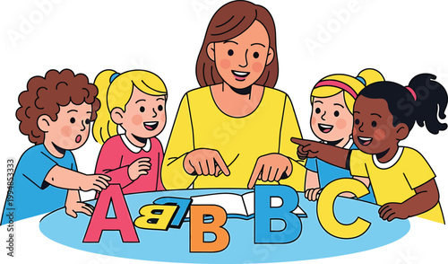 Alphabet Classroom Learning Scene Flat Vector Illustration Set
