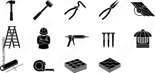 Set of black and white icons representing various construction and roofing tools and materials