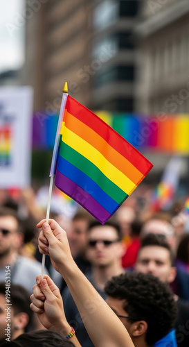 Foreground of rainbow flag held by hand, colorful stripes representing diversity, inclusivity, and pride during a demonstration or event
