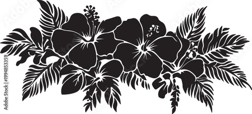 Seamless vector pattern of black and white flower silhouettes and floral sketches featuring vintage leaf elements for an elegant nature art wallpaper design