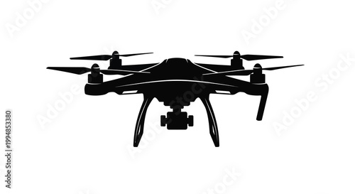 A stark black silhouette depicts a modern quadcopter drone with four rotors showcasing aerial technology high quality professional