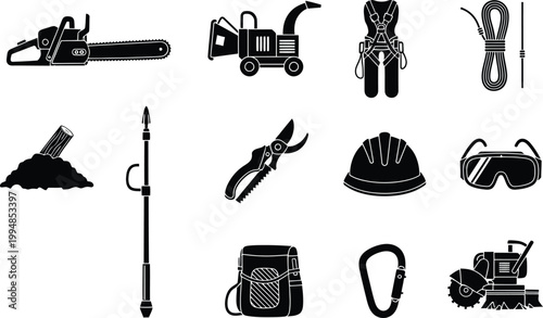 Canvas-taulu Collection of black and white icons representing various arboriculture and tree