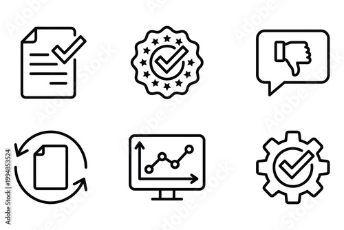 Set of six business quality and management line icons featuring documents approval performance tracking business document