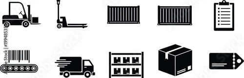 Set of black logistics and warehouse icons including a forklift truck and cargo containers.