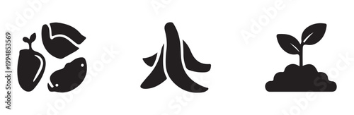 Organic waste composting icons. food scraps like potato banana peels and nuts into soil