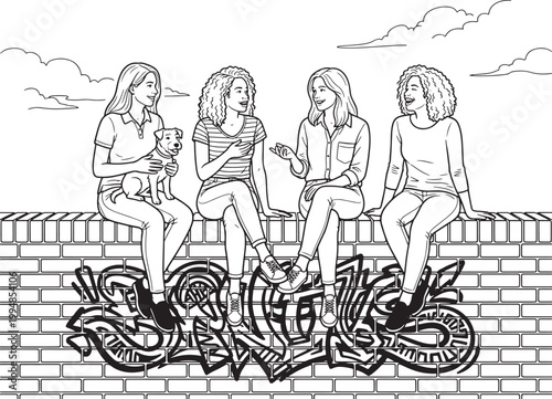 Group of diverse young women sitting on a brick wall with a dog