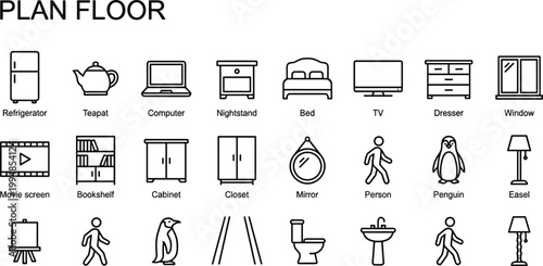 Floor plan furniture and object icon set featuring household items, room elements, fixtures and interior design layout symbols