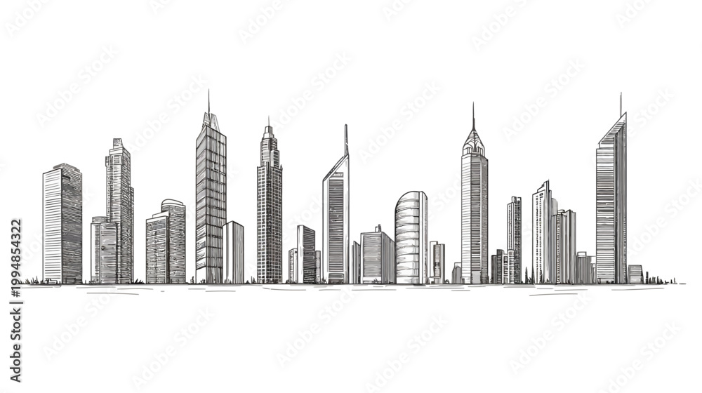Obraz premium Black and white illustration of a city skyline with various tall buildings