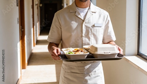 Room service attendant carrying a food tray in a hotel corridor. Hospitality worker delivering meals in eco-friendly containers. Hotel operations and guest service concept