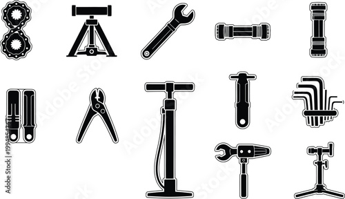 Collection of black and white bicycle repair and maintenance tool icons on white background