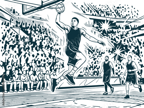Basketball player dunking in a crowded stadium
