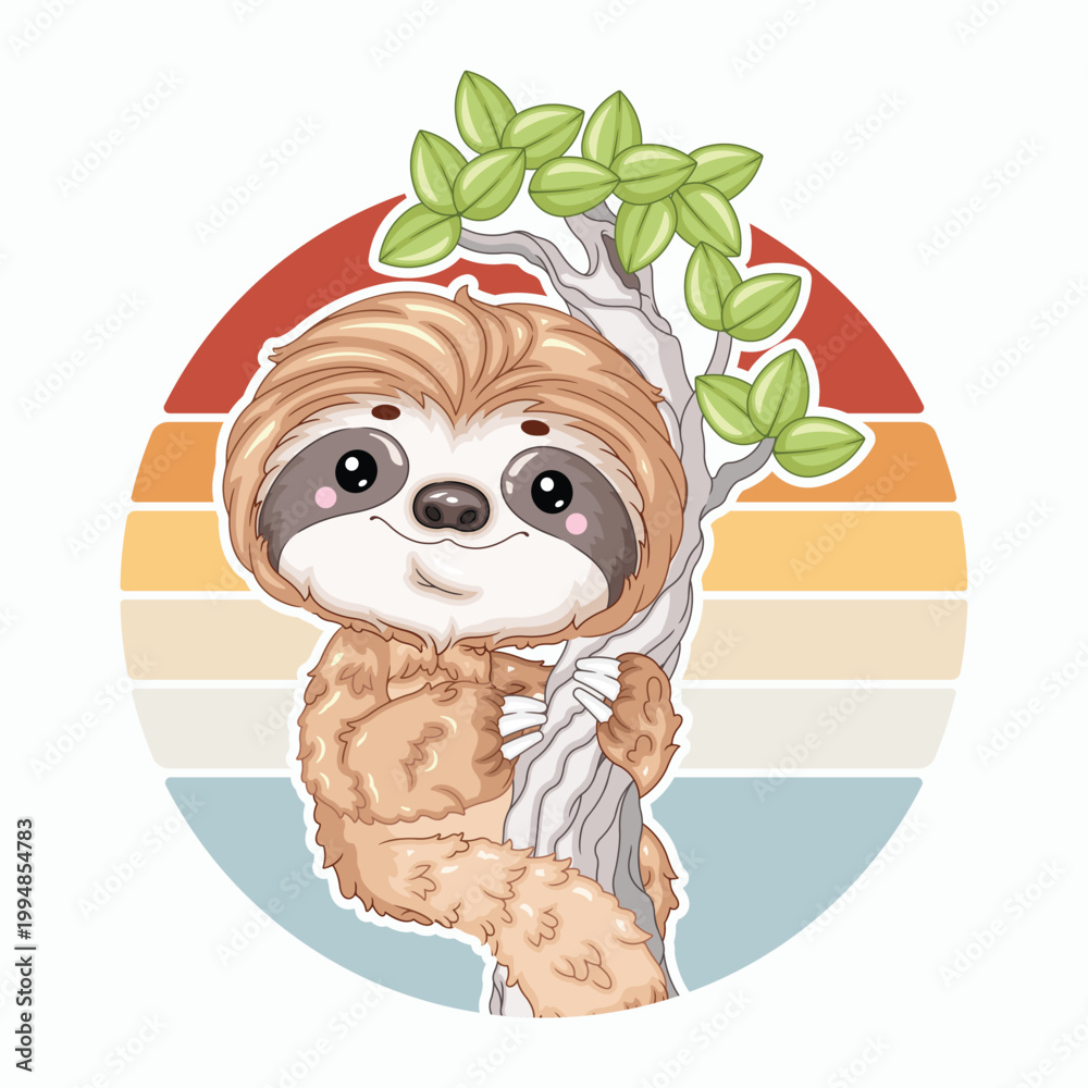 Fototapeta premium Retro Sunset Sloth Climbing Tree Front View Vector Illustration for POD Merch