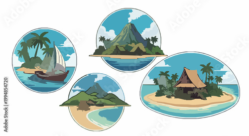 Four tropical islands with palm trees and beach huts in clear blue ocean water