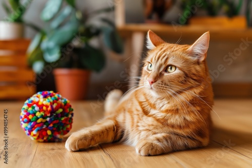 Orange Cat Lies on Wood Floor Near Colorful Ball in Indoor Space With Green P...