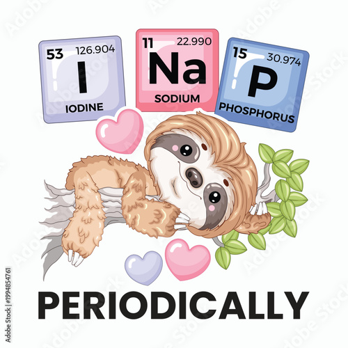 Science Sloth Nap Periodically Front View Vector Illustration for POD Merch