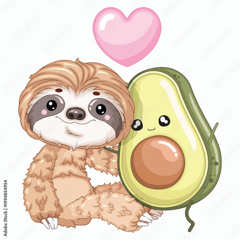 Fototapeta premium Cartoon Sloth and Avocado Front View Vector Illustration for POD Merch