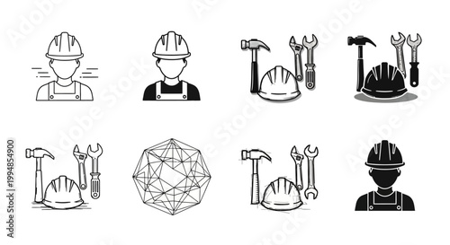 Construction worker in hard hat overalls and tool belt flat icon set worker construction concept.