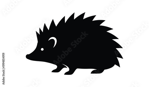 Silhouette of a hedgehog with spiky quills, isolated on a white background, showcasing its unique shape and form, perfect for wildlife illustrations.