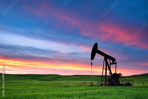 Oil Pump Jack Works at Sunset in Open Field Near Hills