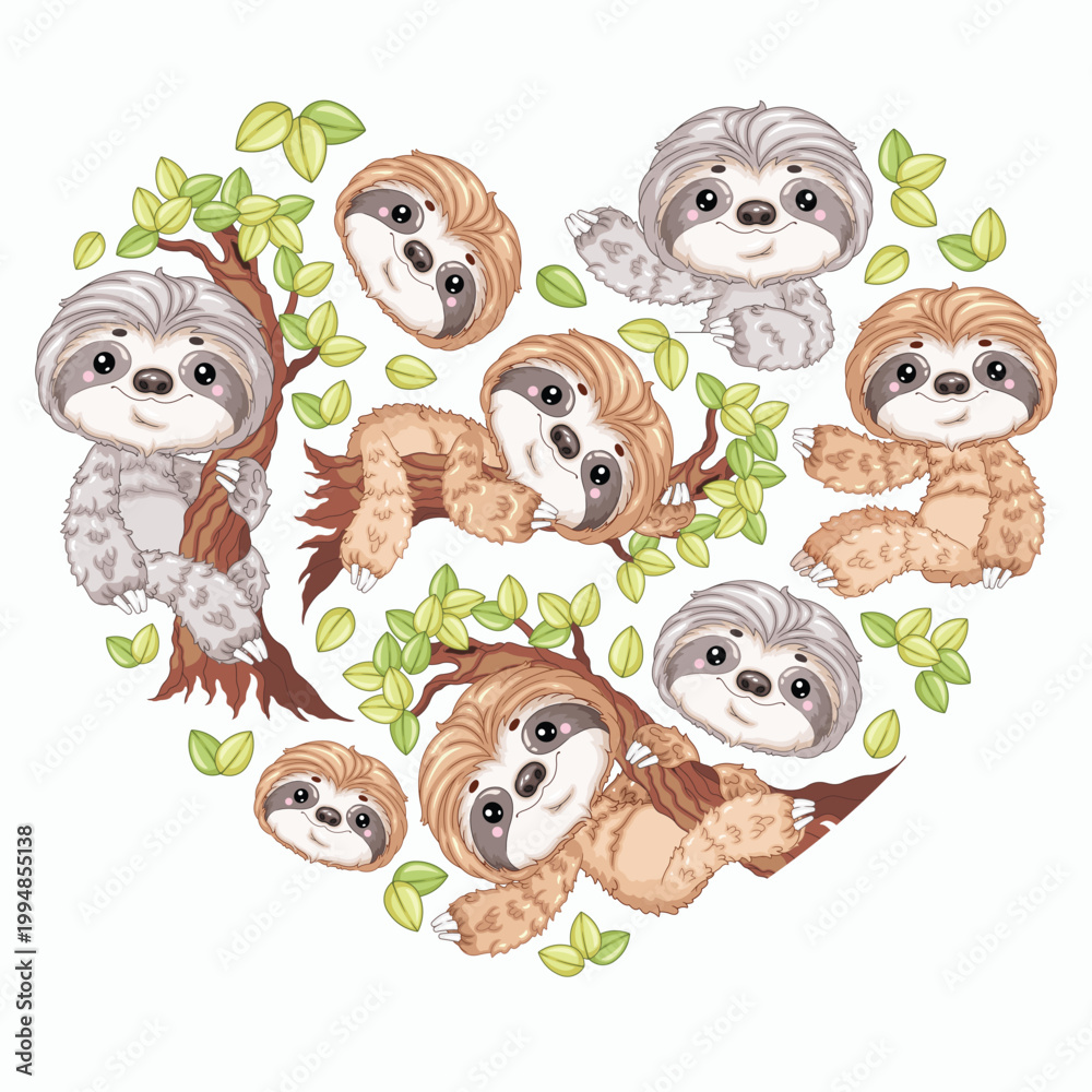 Fototapeta premium Cartoon Sloth Pattern Heart Shape Front View Vector Illustration for POD Merch