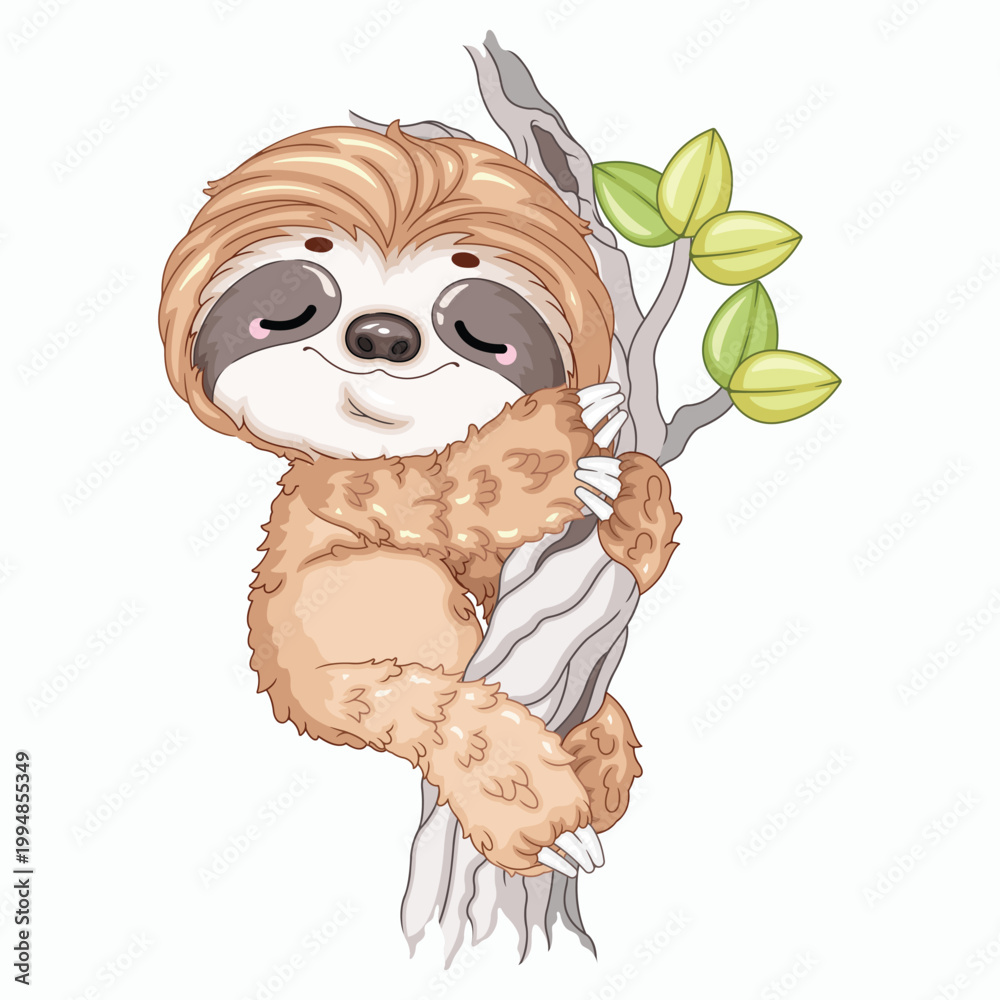 Fototapeta premium Cute Sleeping Sloth on Tree Branch Flat Vector Illustration