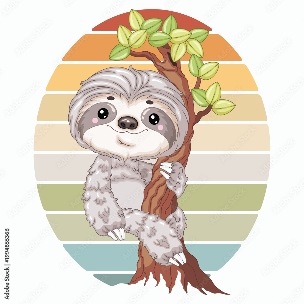 Fototapeta premium Retro Sunset Sloth Climbing Tree Profile Vector Illustration