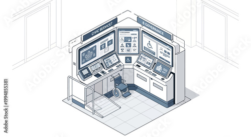 Isometric Illustration of an Accessible E-Governance and Civic Service Digital Kiosk with Wheelchair Ramp and Interactive Touchscreen Interfaces for Smart City Public Services
