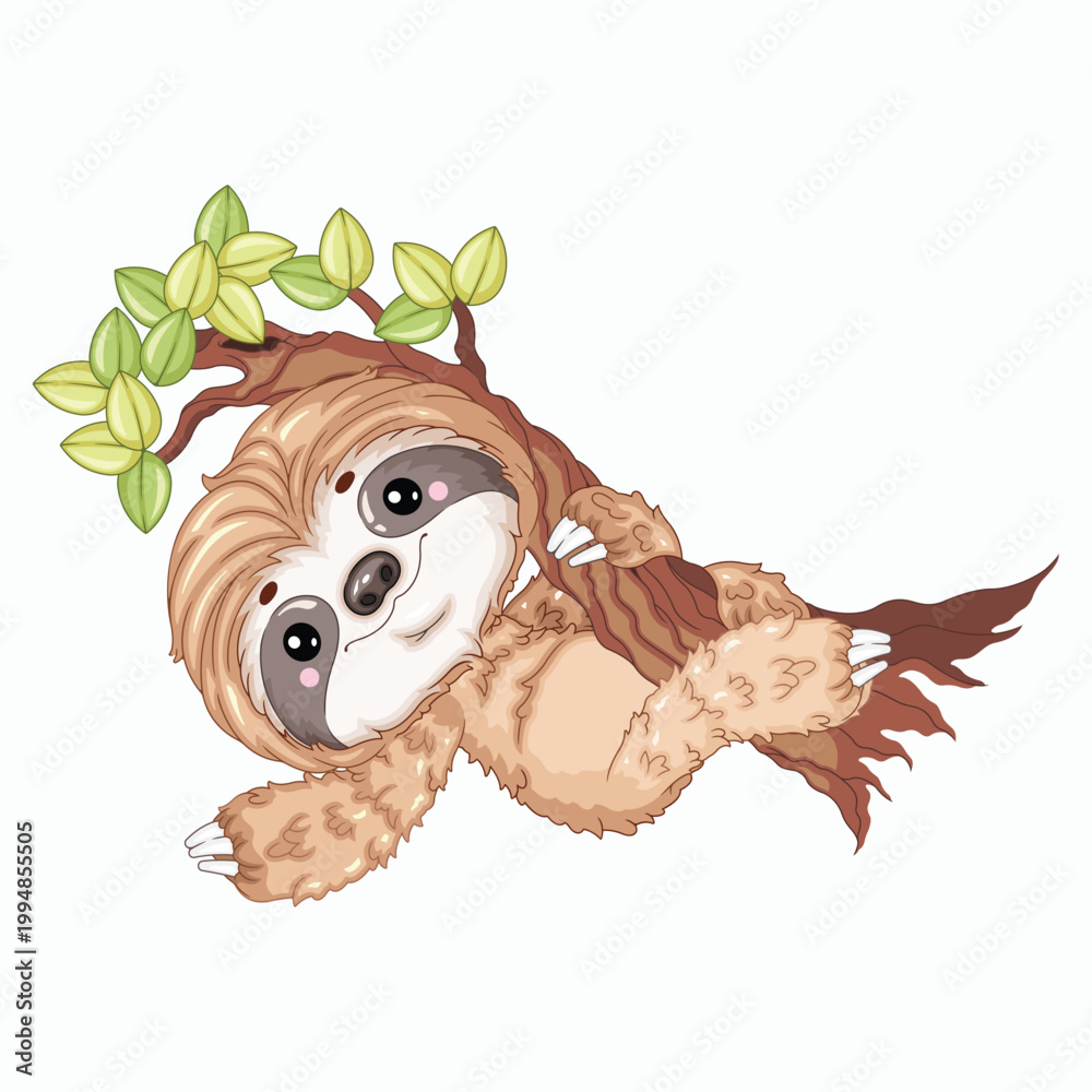 Fototapeta premium Cute Sloth Climbing Branch Side View Vector Illustration for Nursery