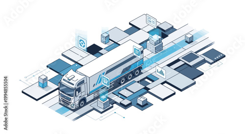 Smart Logistics and Transportation Technology Concept with Isometric Semi-Truck, Data Management, and Digital Infrastructure for Supply Chain Automation