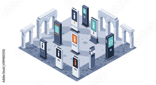 Isometric Digital Information Kiosk Totems in Public Space Gallery with Arches, Smart City Wayfinding and Interactive Signage Concept