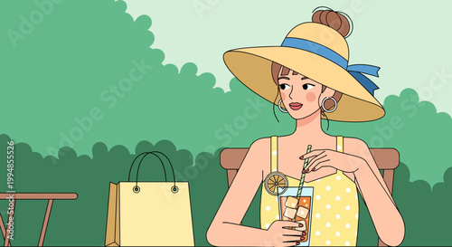 Stylish woman enjoying fresh drink at park summer lifestyle relaxation