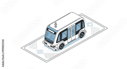 Isometric Autonomous Electric Shuttle Bus Illustration - Modern Self-Driving Public Transport Line Art for Smart City Urban Mobility Concepts