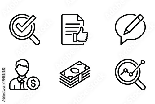 Finance and professional evaluation outline icon set featuring financial reports profit growth writing tools business analysis