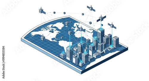 Global Satellite Communication Network and Smart City Digital Connectivity Isometric Illustration with World Map