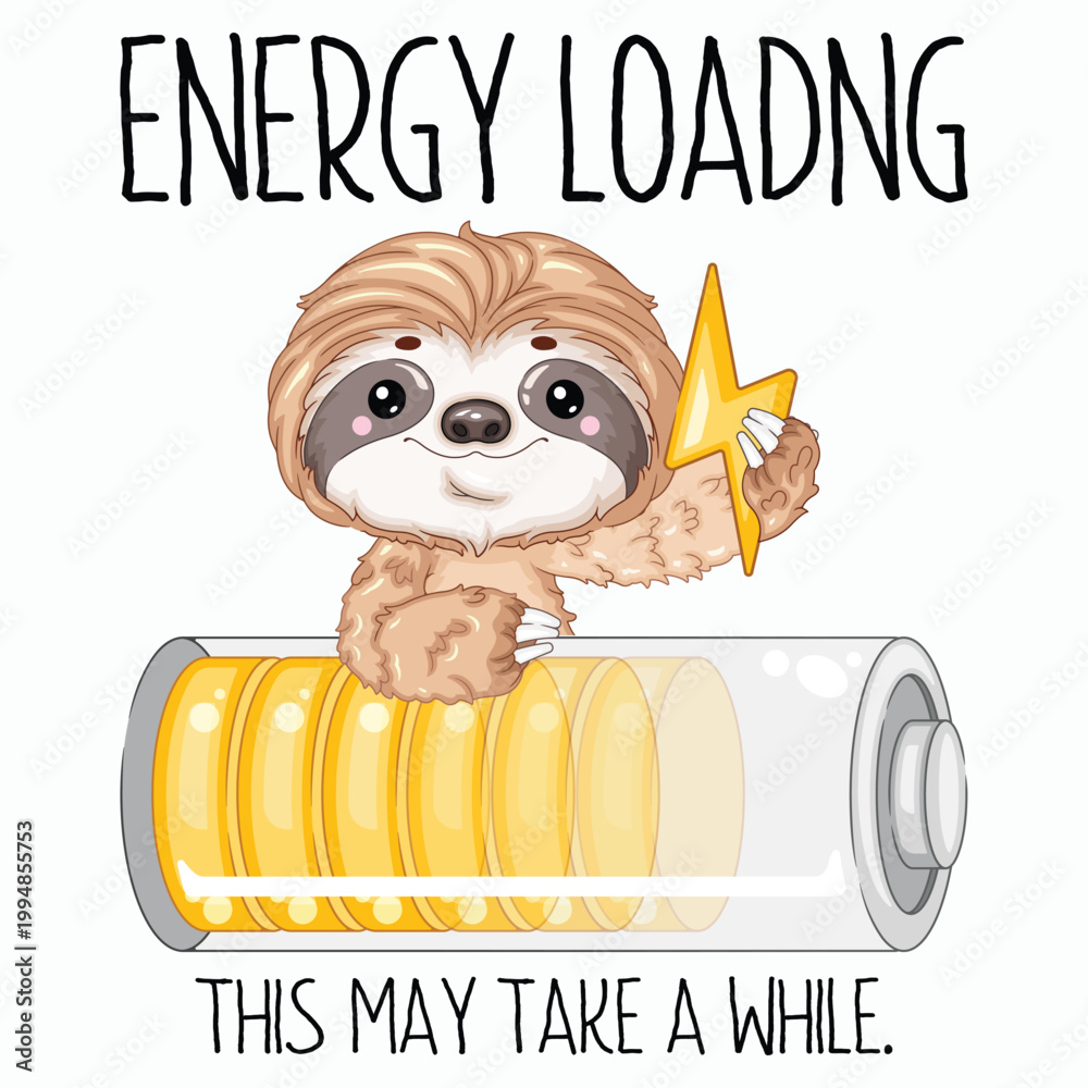 Fototapeta premium Cute Sloth Charging Battery Front View Vector Illustration for Digital Stickers