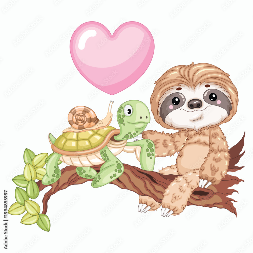 Fototapeta premium Sloth Turtle and Snail Side View Vector Illustration for Nursery Decor