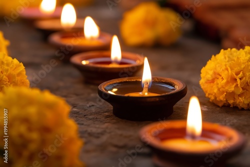 Candles and Flowers at a Festive Celebration in a Dimly Lit Space During Even...
